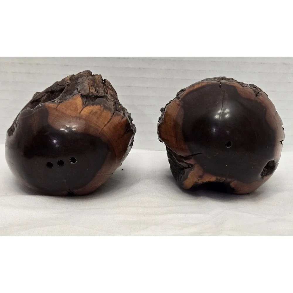 Vtg Handcrafted MCM California Redwood Tree Bark Live-Edge Salt/Pepper Shakers
